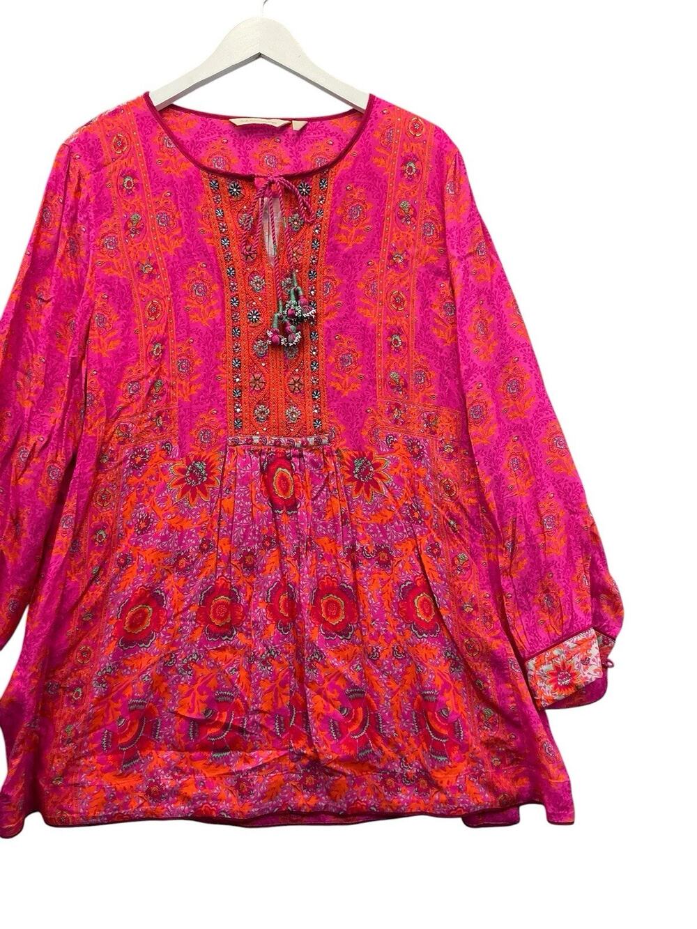 Soft Surroundings Boho Embroidered Tassel Peasant Blouse Top Size XL Multicolor